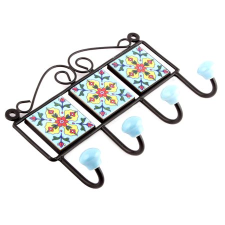 Turquoise And Red Tiny Flower Tiles Hooks